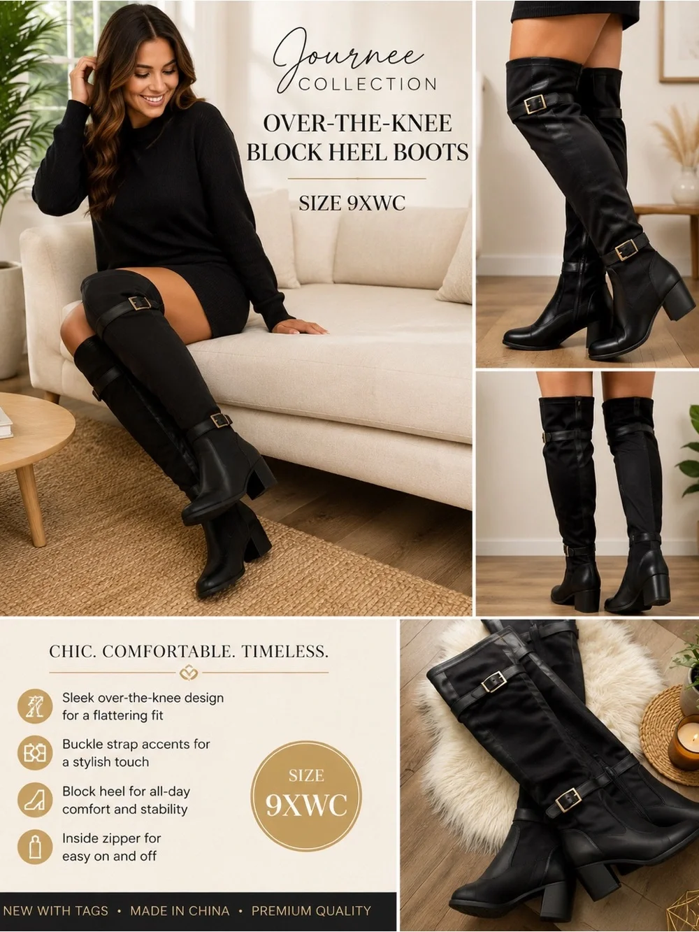 Journee Collection Black Over-The-Knee Block Heel Boots Buckle Size 9XWC NEW